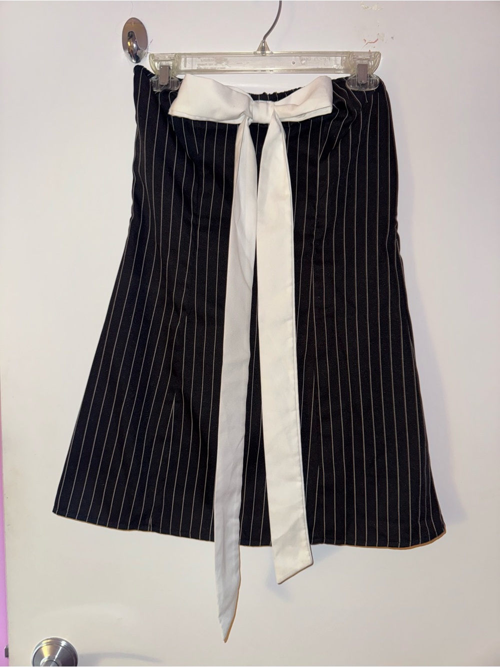 Black Pinstripe Mini Dress with White Tie